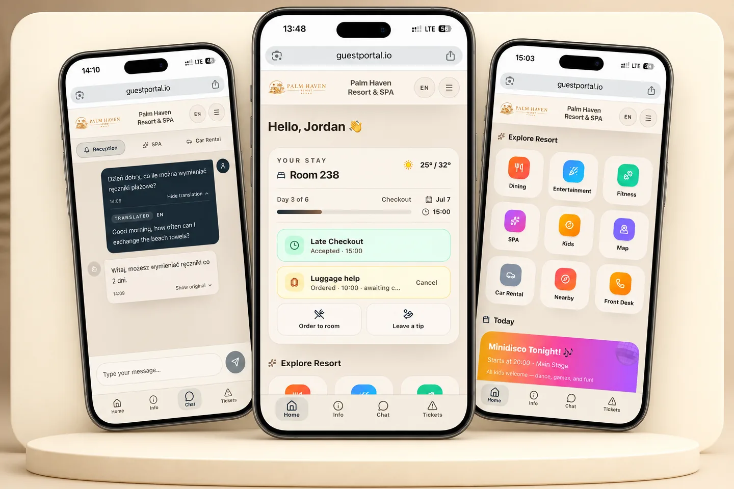 GuestPortal — mobile app views: reception chat with translation, stay overview and hotel services