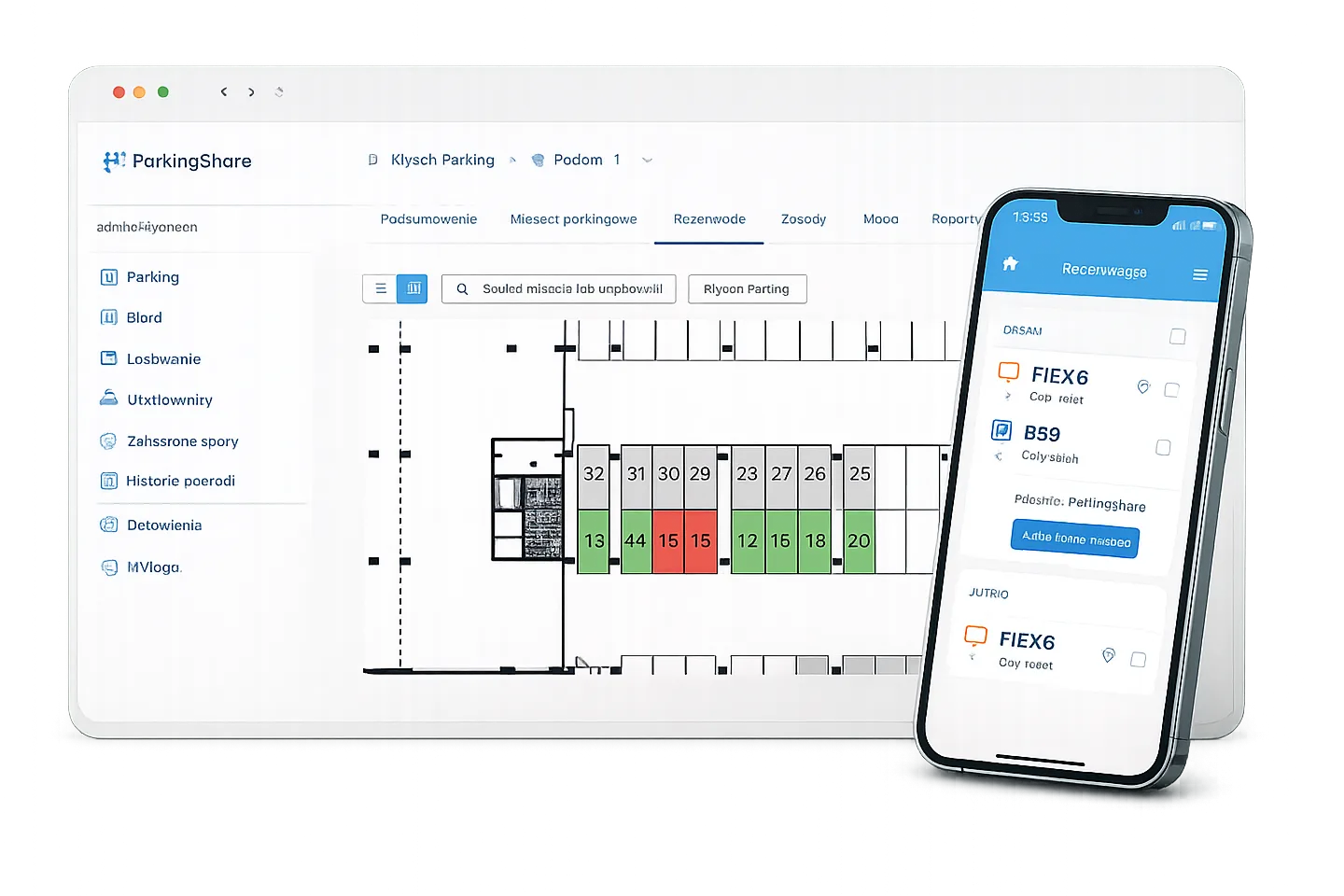 ParkingShare — admin panel with a parking map and a mobile app view